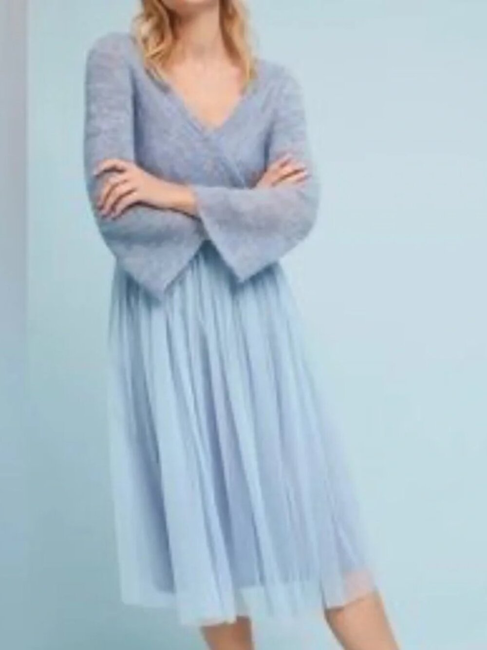 Anthropologie Arabesque Maeve Sky Blue Tulle Faux Wrap Ballerina Sweater Dress